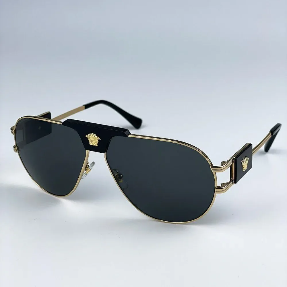 NEW Versace VE2252 100287 BRAND NEW Gold Dark Grey Metal Pilot Unisex Sunglasses